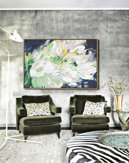 Large Abstract Painting,Horizontal Abstract Flower Oil Painting,Extra Large Artwork,White,Light Green,Grey,Black.etc